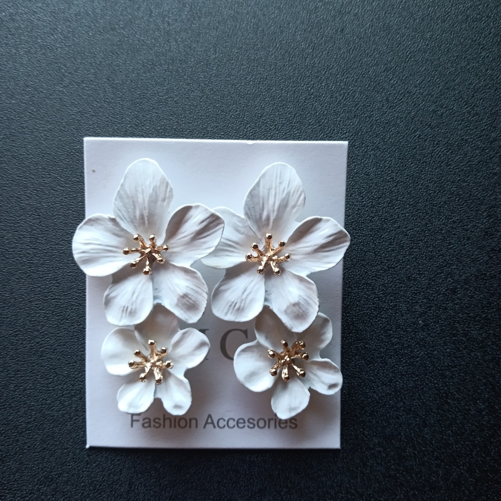Double White & Gold Floral Drop Earrings